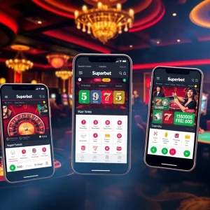 Experience the Superbet App interface within a vibrant casino atmosphere, featuring tables and slot machines.
