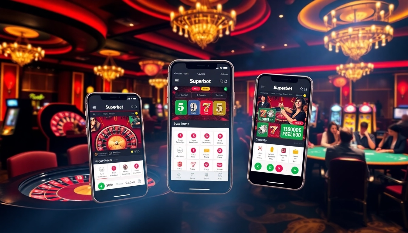 Experience the Superbet App interface within a vibrant casino atmosphere, featuring tables and slot machines.