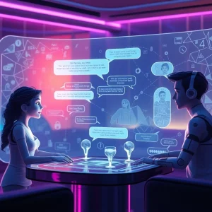 Immersive AI sex chat environment showcasing futuristic avatars in conversation.
