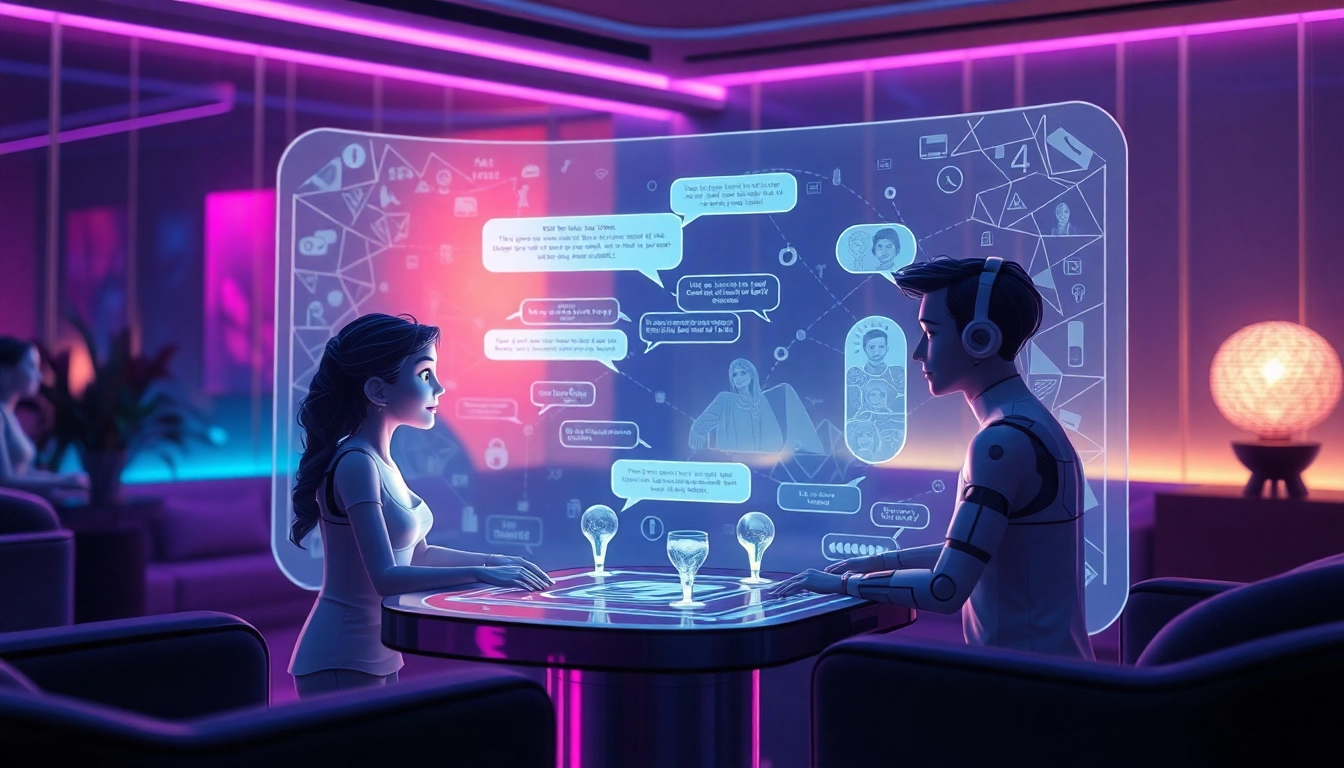 Immersive AI sex chat environment showcasing futuristic avatars in conversation.