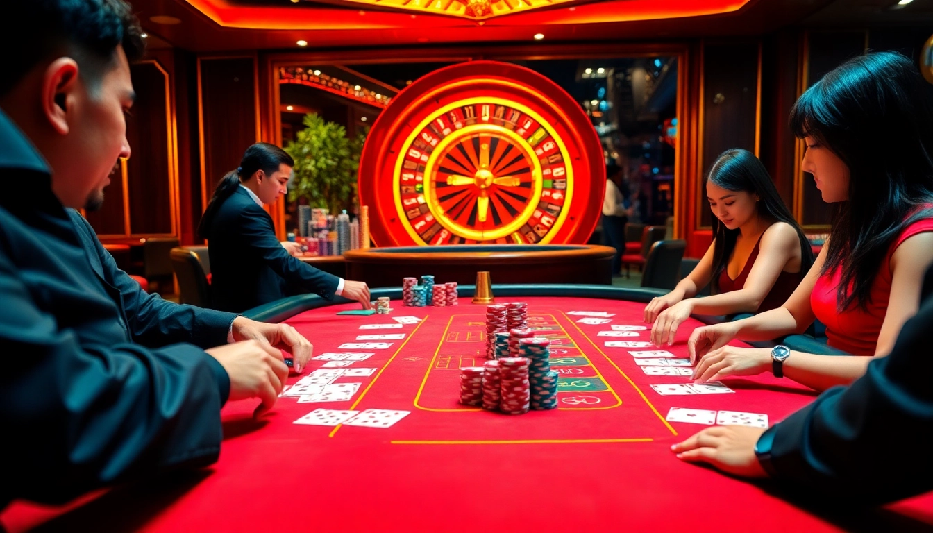 Players enjoying Baccarat at https://xx88.us/ casino, showcasing high-stakes gameplay and colorful poker chips.
