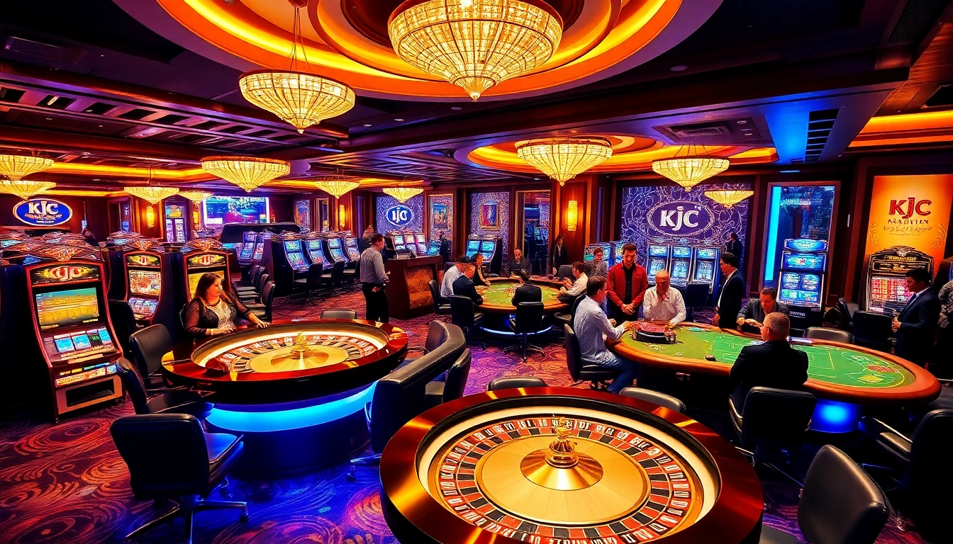KJC casino scene showcasing exciting gameplay at roulette and poker tables.