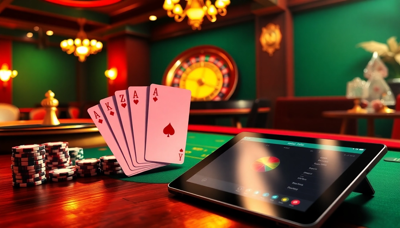 A blackjack table from BJ 888 filled with cards, poker chips, and a glowing tablet interface for online gaming.