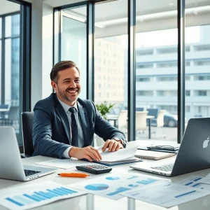 Księgowość dla firmy budowlanej: profesjonalny księgowy pracuje w nowoczesnym biurze.