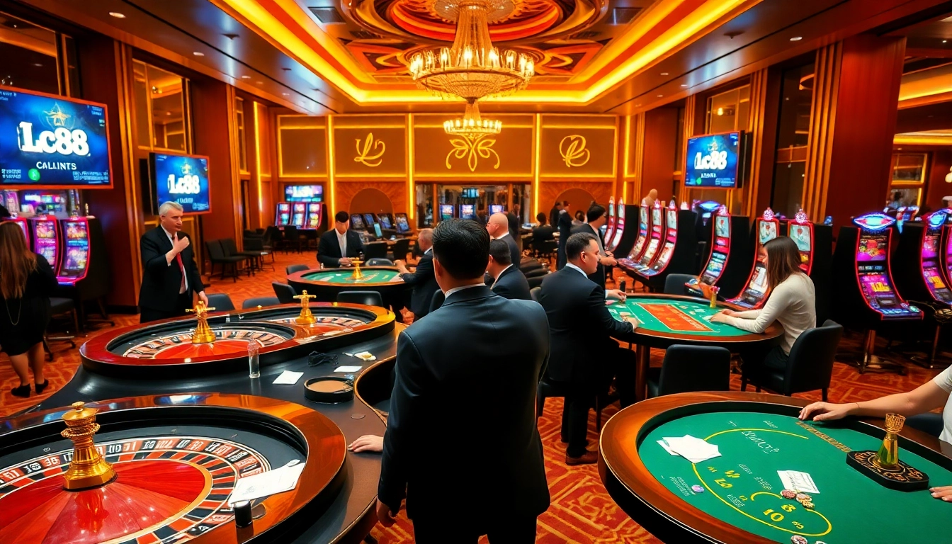 Experience the thrill of gambling at Lc88 with vibrant casino tables and excited players.