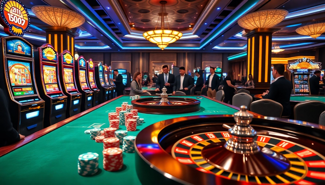 Engaging players at an OKFUN game table in a vibrant casino setting.
