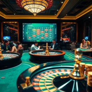Glamorous casino floor showcasing https://nhandinhkeonhacai.news/ with players at poker tables and roulette wheels.