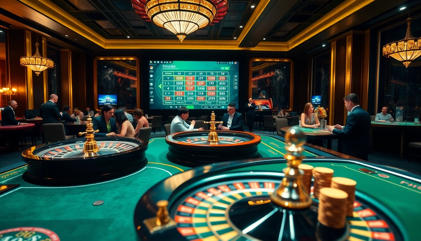 Glamorous casino floor showcasing https://nhandinhkeonhacai.news/ with players at poker tables and roulette wheels.