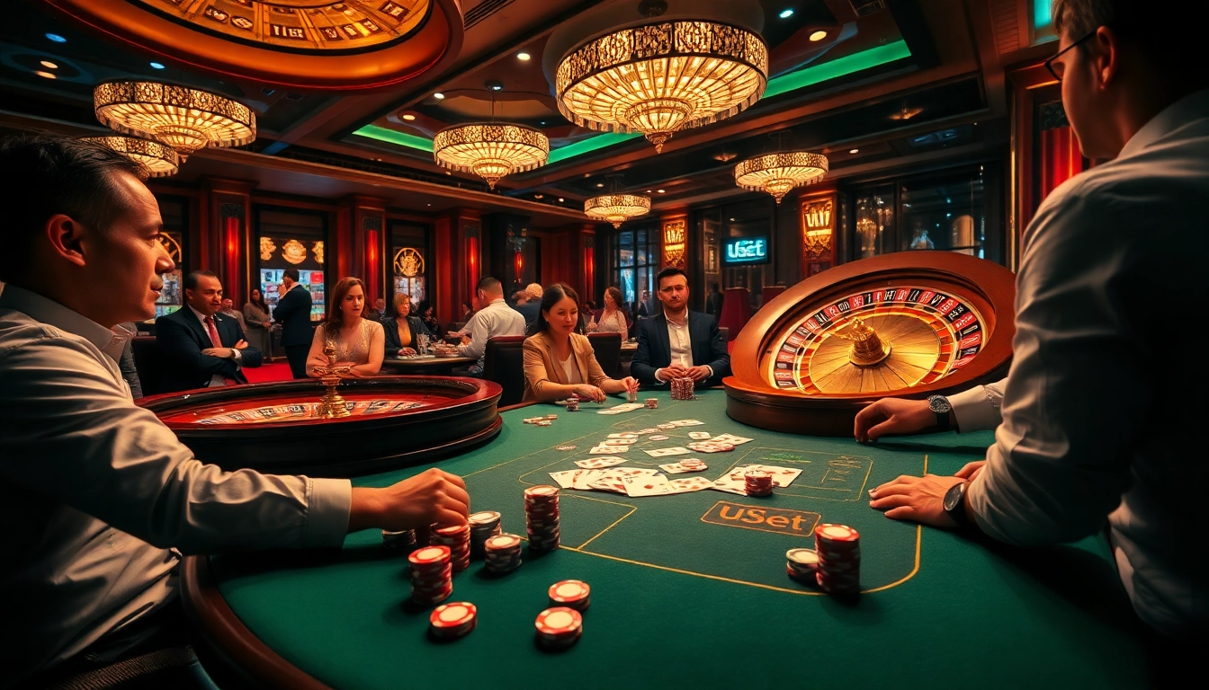 Engage with usbet through intense casino action at a luxurious poker table.
