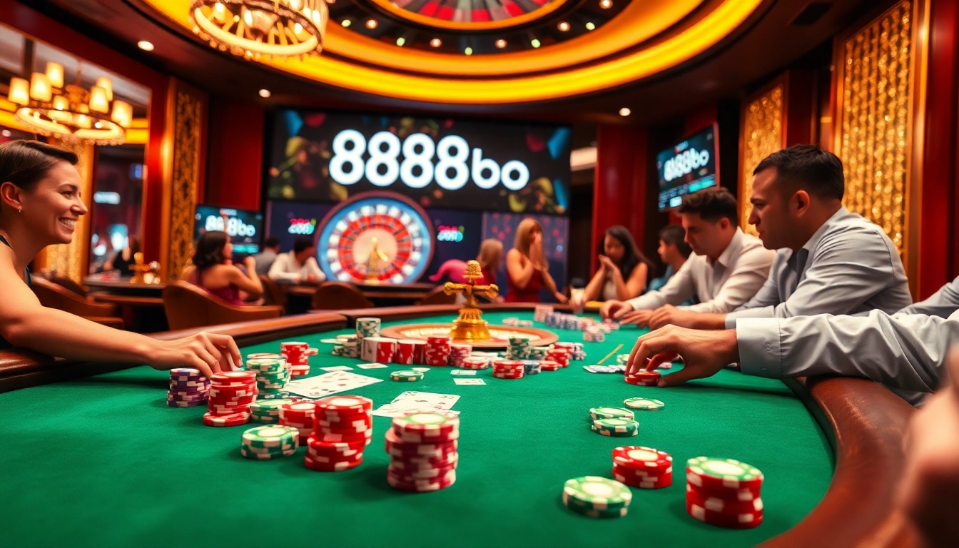 Enjoying a professional poker game at an 888b casino table amidst colorful chips and excitement.