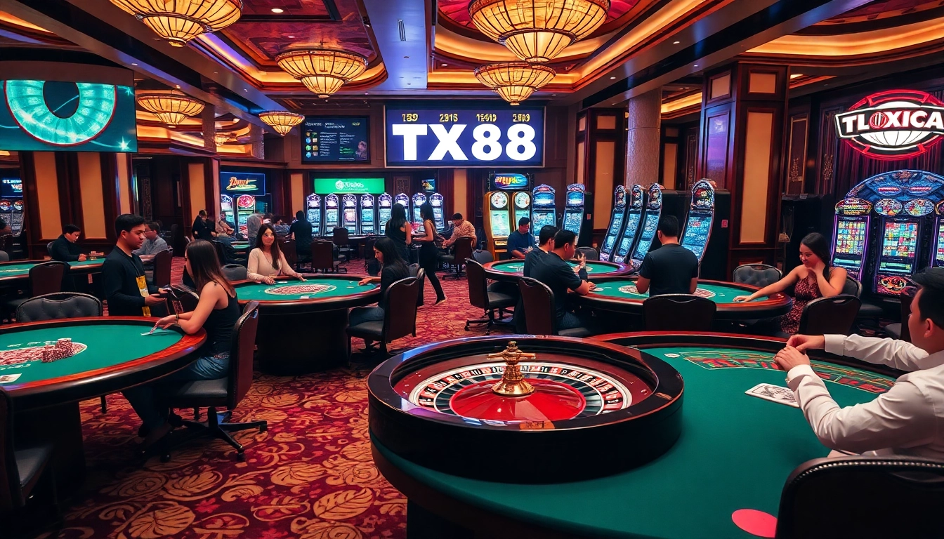 Excited players engaging with TX88 gaming tables, showcasing luxury and vibrant casino atmosphere.