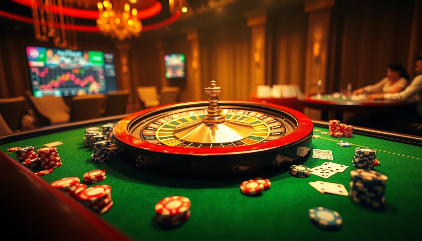 Exciting casino scene with poker chips, cards, and roulette wheel emphasizing 7m gambling experience.