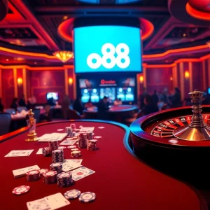 Experience thrilling betting action at new88 with poker chips and a roulette wheel.