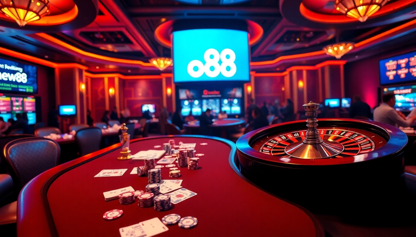 Experience thrilling betting action at new88 with poker chips and a roulette wheel.
