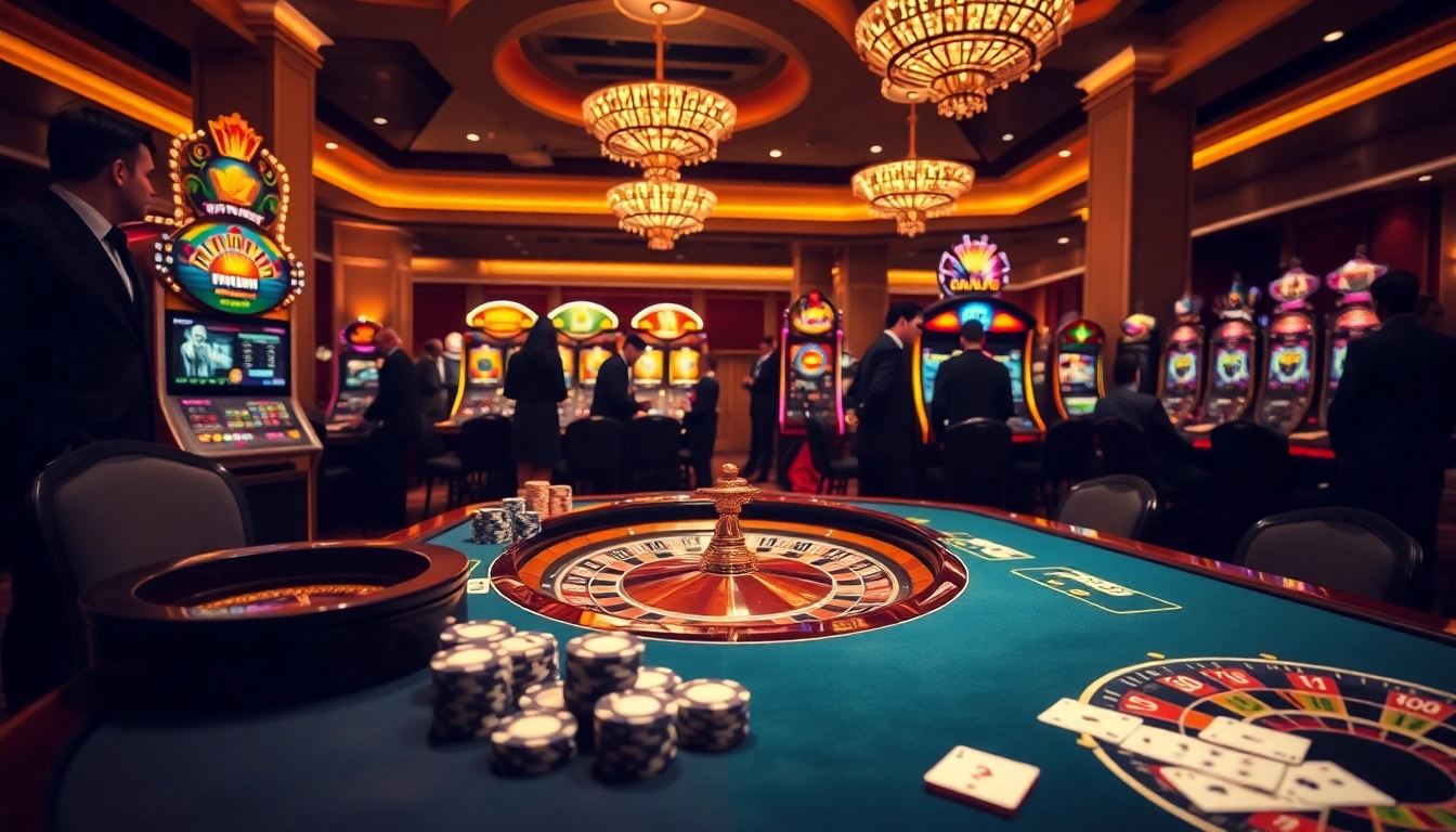 Fun79 casino scene showcasing poker chips and a roulette wheel in an elegant atmosphere.
