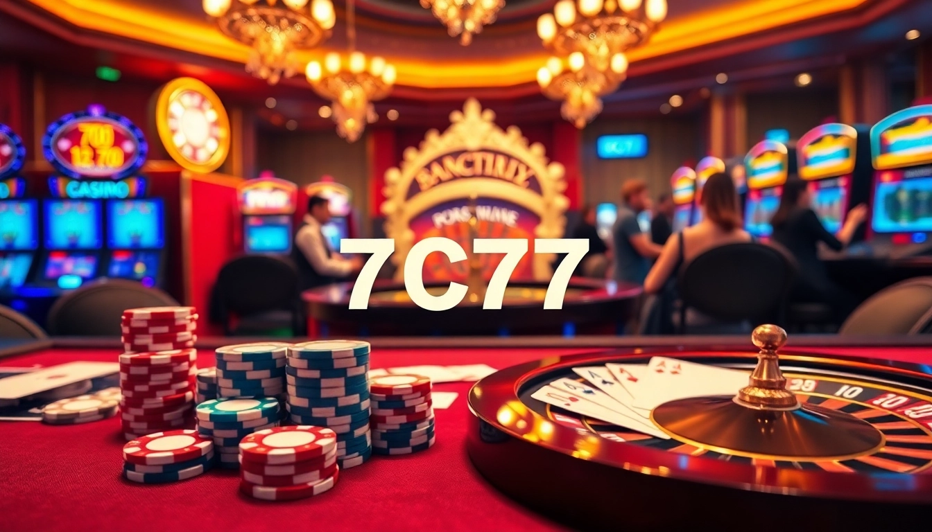 Engage in thrilling gaming action at 7C77 Casino with vibrant cards and poker chips.