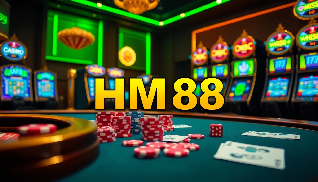 Experience high-stakes excitement at HM88 with vibrant casino tables, slot machines, and poker chips.