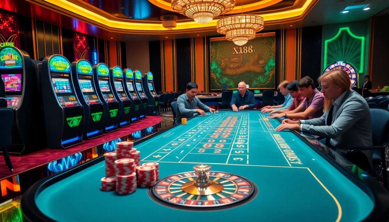 Thrilling gameplay at a casino with xx88 com's vibrant tables, chips, and players in action.