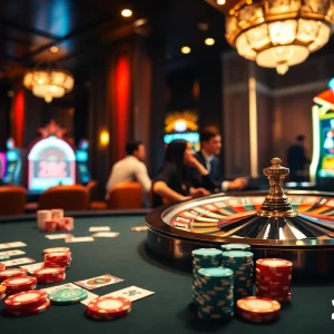 Players enjoying a vibrant casino experience with 32win, featuring poker chips and a roulette wheel.