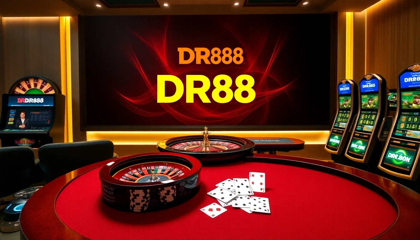 Engaging casino experience showcasing DR88 with a roulette wheel and sleek gaming tables.