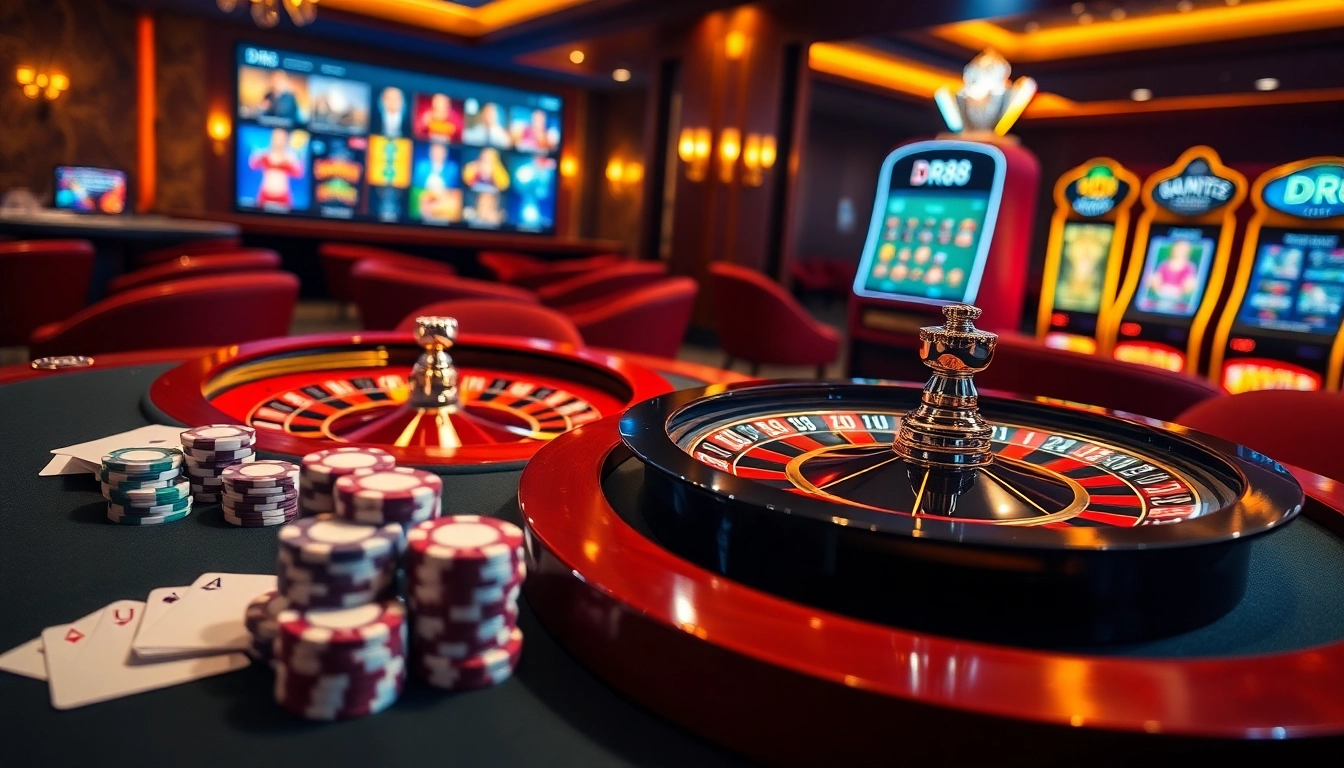 DR88 casino table showcasing poker chips and a vibrant roulette wheel in an upscale setting.