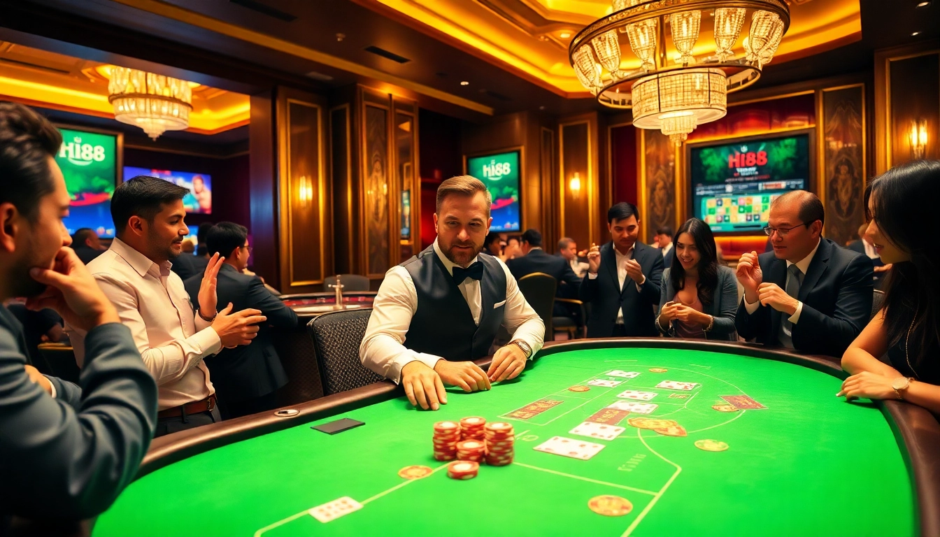 Players enjoying a poker game at Hi88, surrounded by vibrant casino elements.