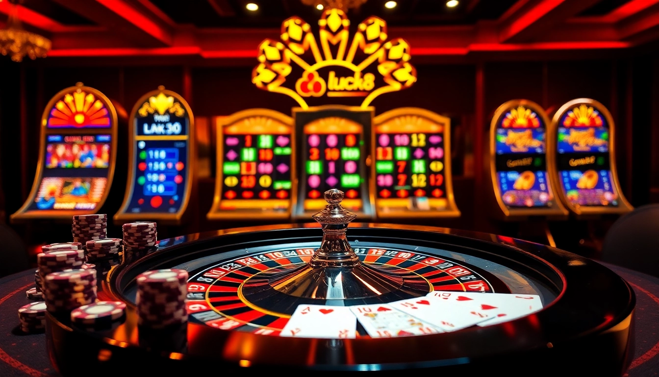Luck8 roulette table scene with poker chips and illuminated slot machine creating a luxurious gambling atmosphere.