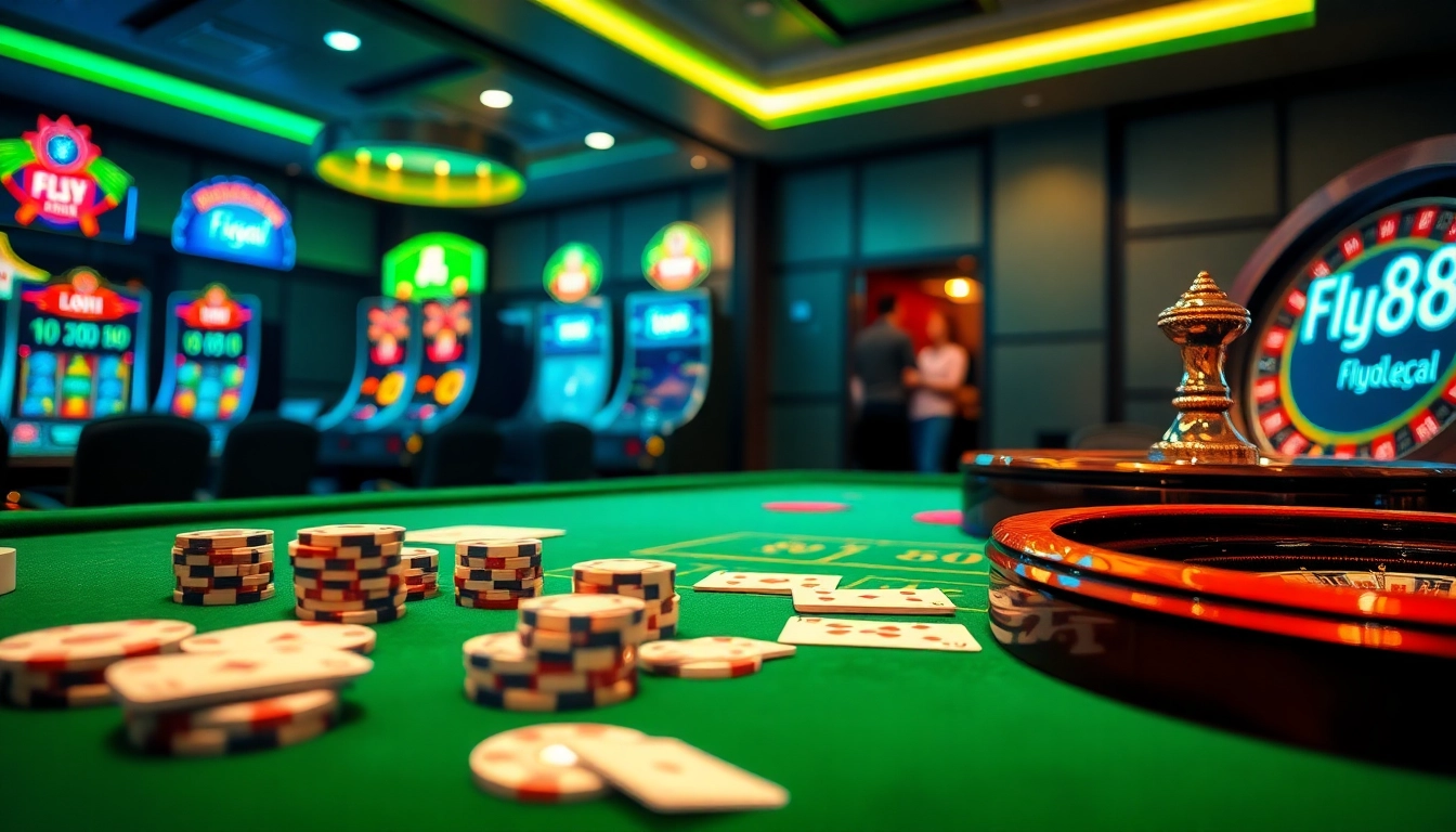 Enhance your gambling experience with strategies at fly88.legal, showcasing luxurious casino elements like cards and chips.