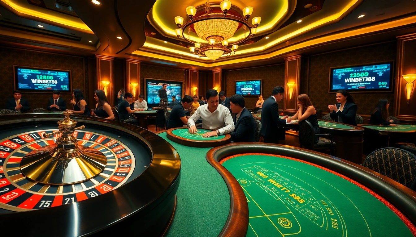 WINBET88 players enjoying an immersive casino experience with roulette and blackjack tables.