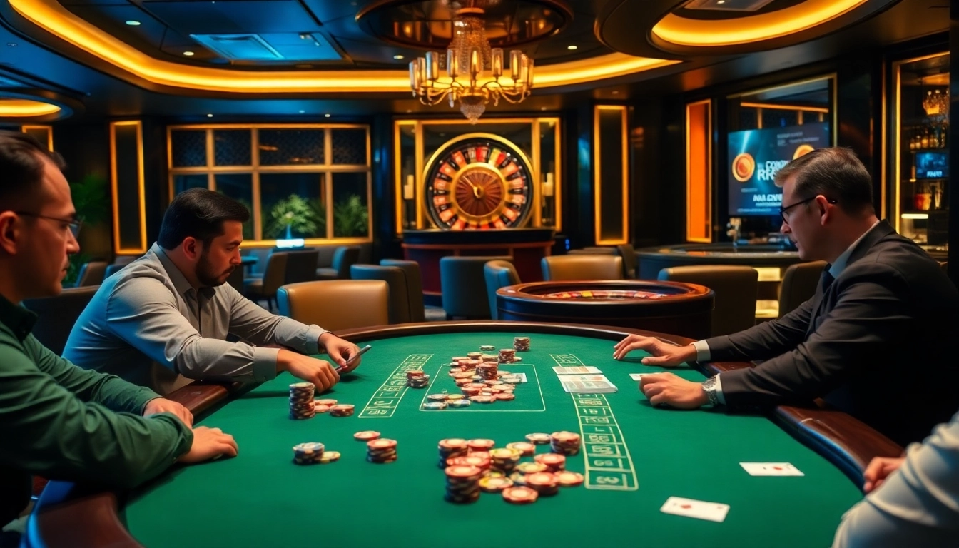 Engaging players at RR88 casino table showcasing poker excitement and luxurious atmosphere.