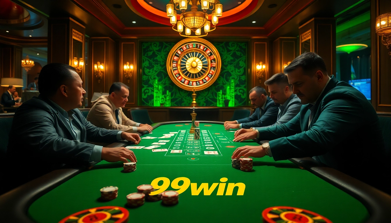 Players engage in an intense game of poker at a luxurious 99win casino table surrounded by rich decor.