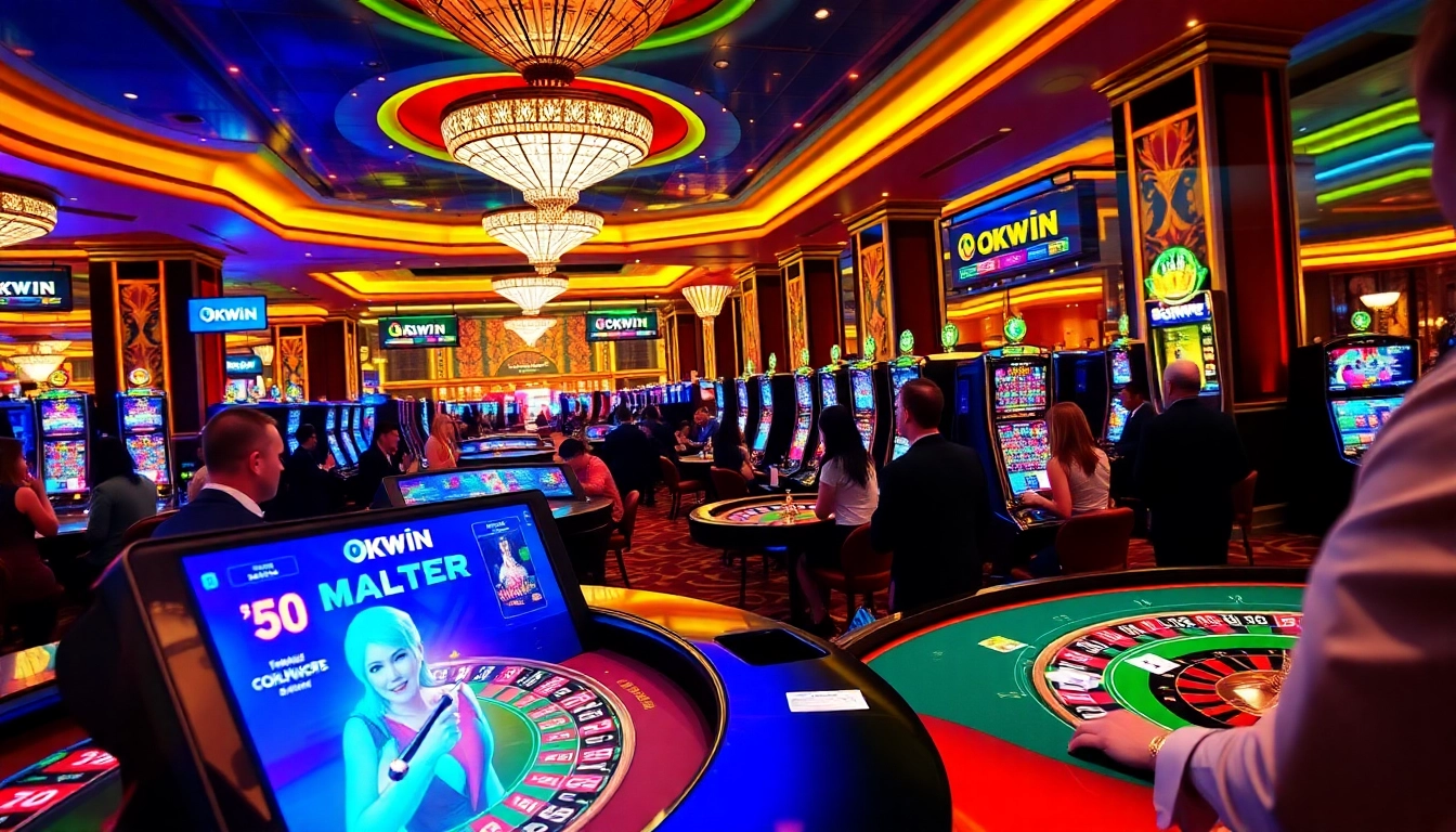 Experience thrilling gameplay at Okwin casino with vibrant tables, roulette, and exciting players.