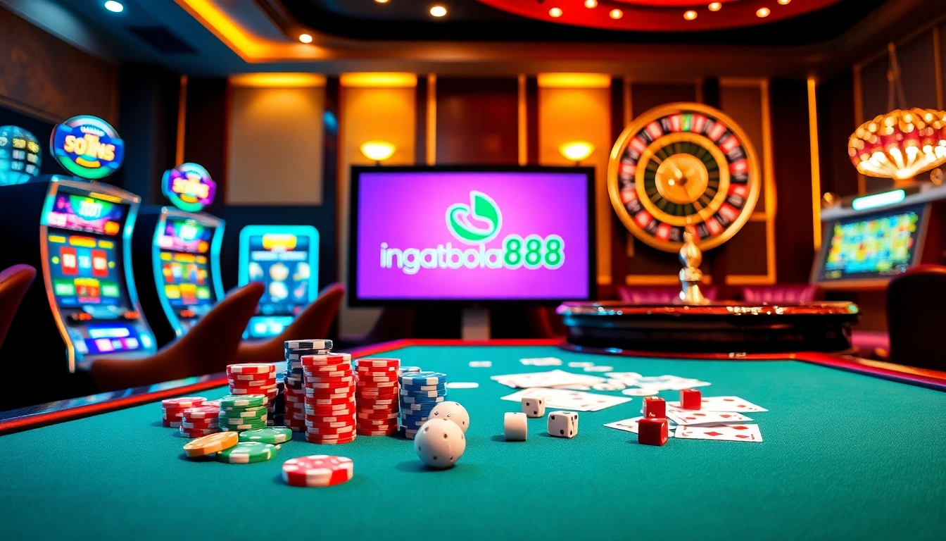 Engage with ingatbola88 at an exciting casino table surrounded by vibrant gaming elements.