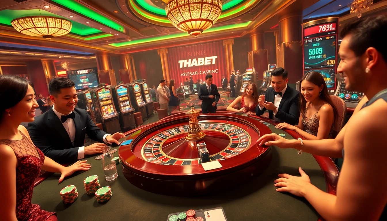 Experience the excitement at THABET casino with players engaging at tables and vibrant slot machines.