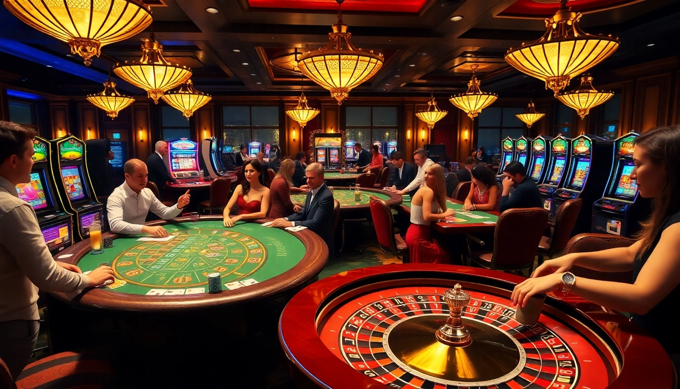 Experience the thrill of F8Bet with players enjoying blackjack and roulette in a luxurious casino setup.