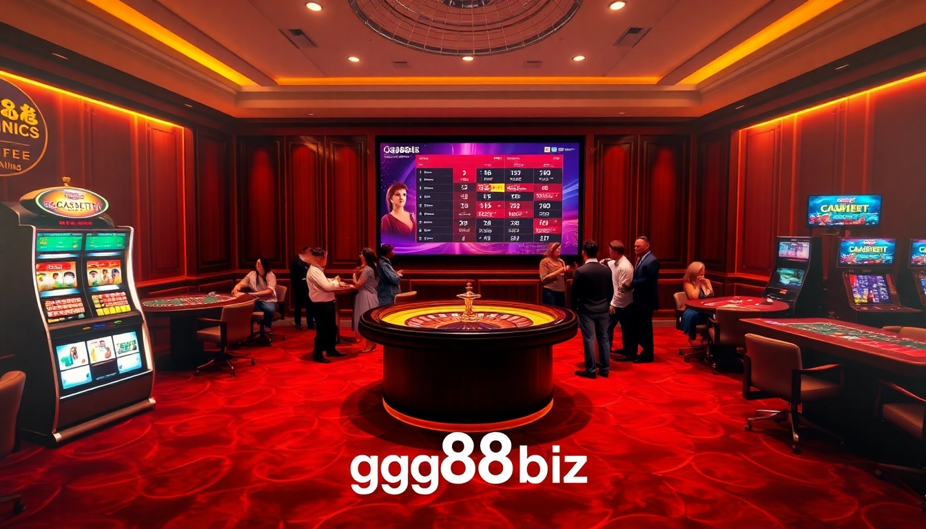 Gamble and win at gg88biz with a vibrant casino scene showcasing roulette and slot machines.