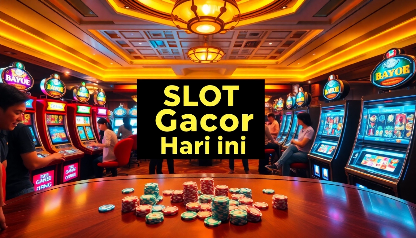 Experience the excitement of Slot Gacor Hari ini with vibrant casino visuals showcasing players celebrating wins.