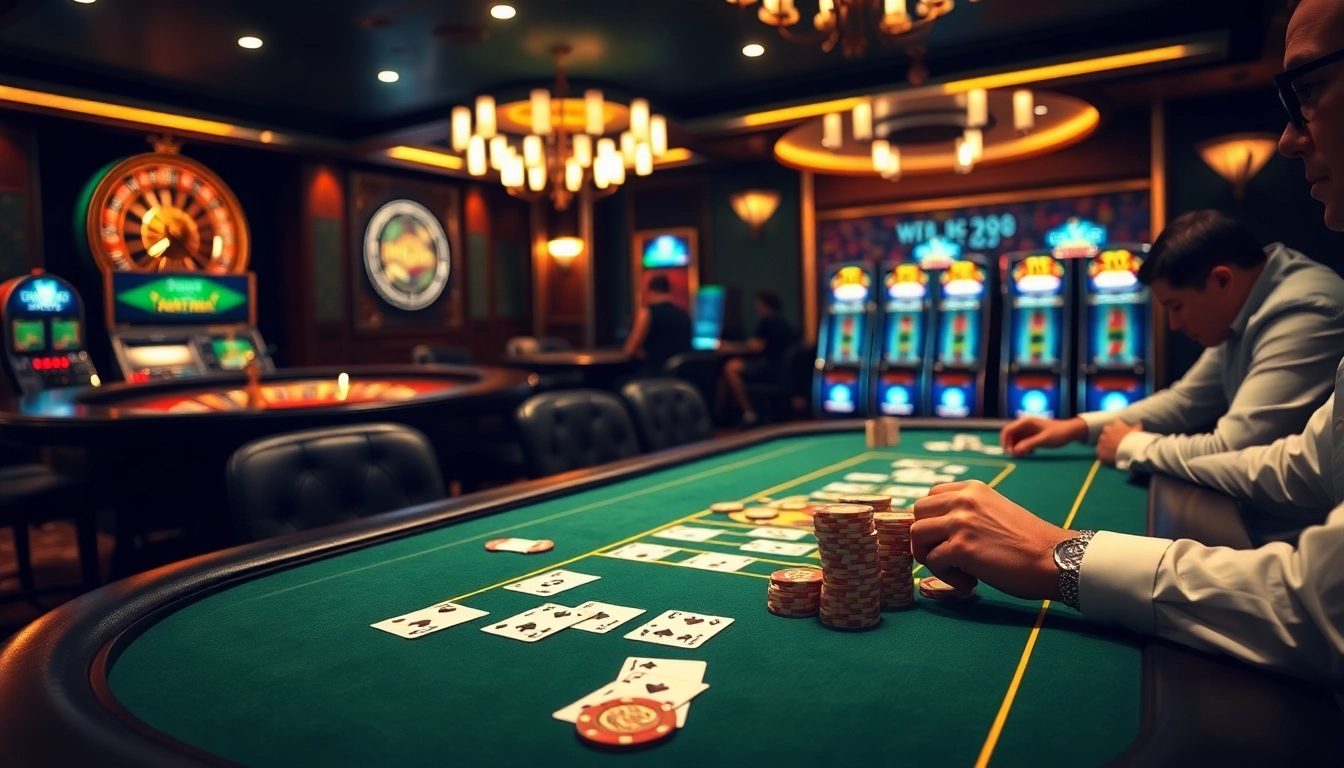 W 88 players enjoying a thrilling poker game surrounded by high-end casino elements.