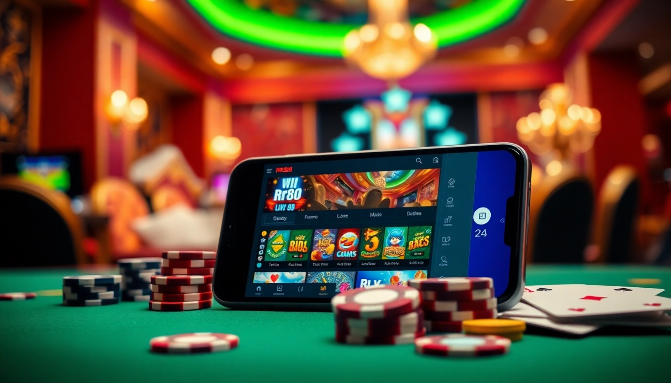 RR88 mobile app showcased in a luxury gambling environment, featuring vibrant gaming graphics.