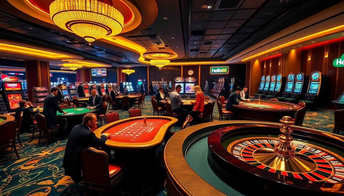 Hello88 casino scene showcasing luxurious poker tables and roulette wheels filled with excitement.