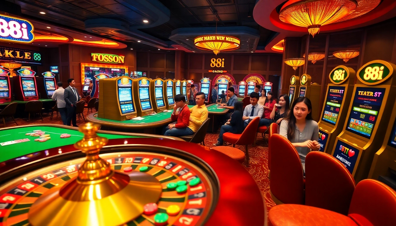 Players engaging in the thrilling 88i game experience at a vibrant casino, featuring roulette and slot machines.
