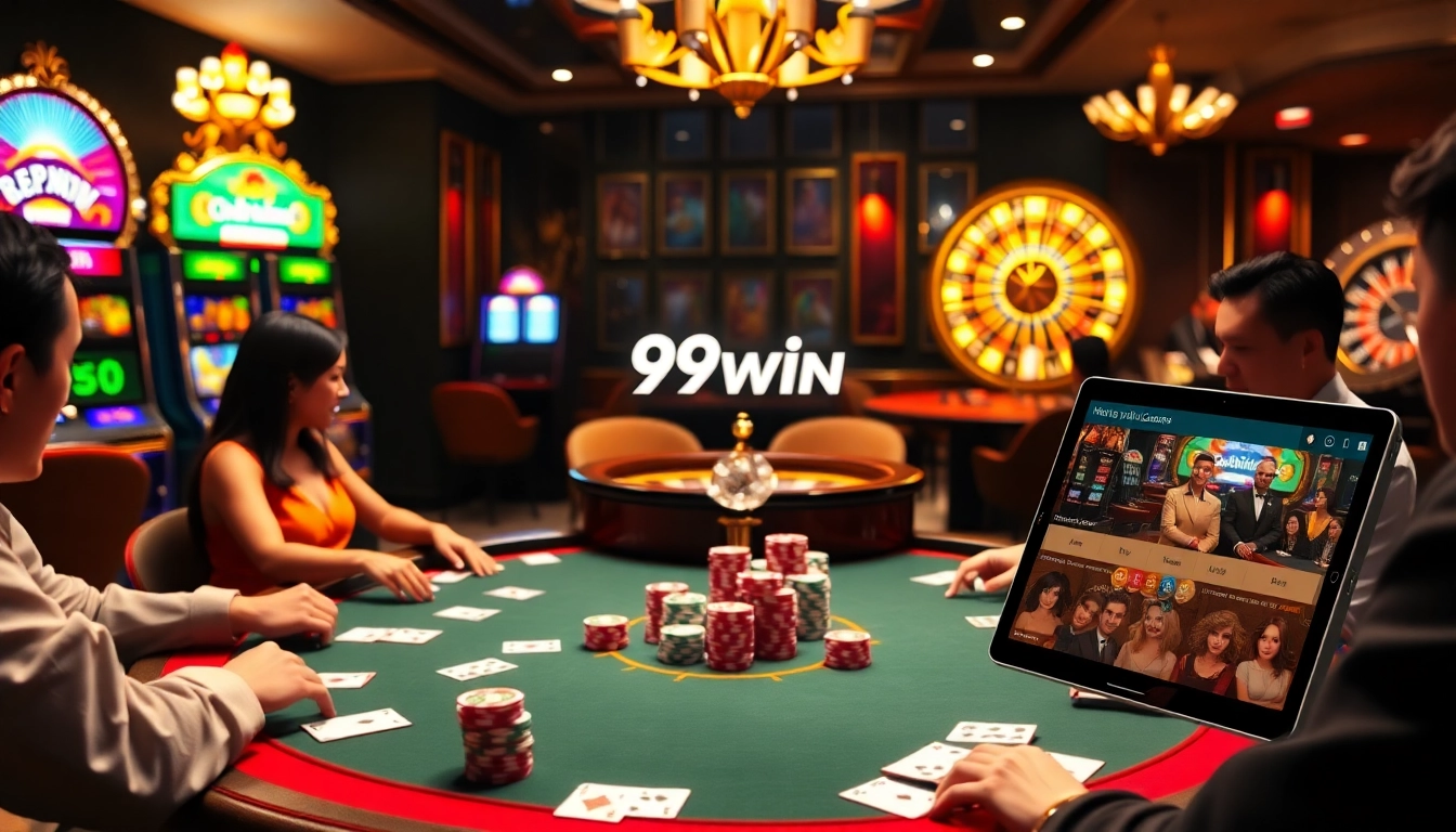 Engaging players enjoying a thrilling poker game at https://99wincasino.com/ with colorful chips and cards.