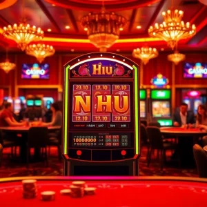 Nổ hũ slot machine igniting excitement in a luxurious casino atmosphere, surrounded by players and poker chips.