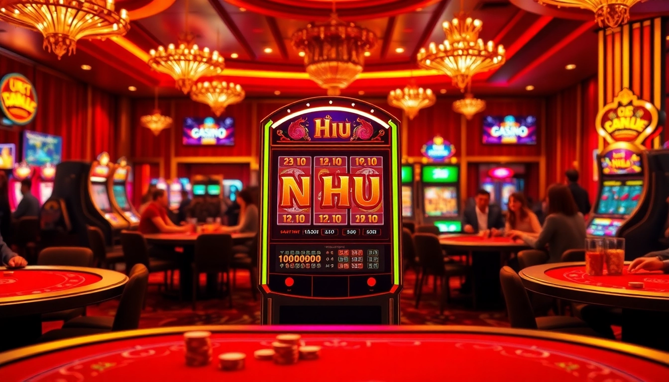 Nổ hũ slot machine igniting excitement in a luxurious casino atmosphere, surrounded by players and poker chips.