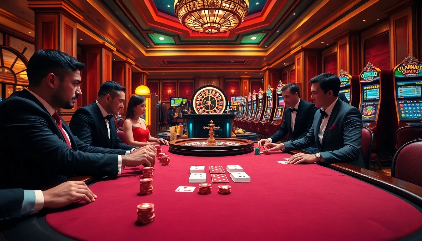 Players enjoying their time at Nhà cái LC88 casino, showcasing chips and cards in a dynamic atmosphere.