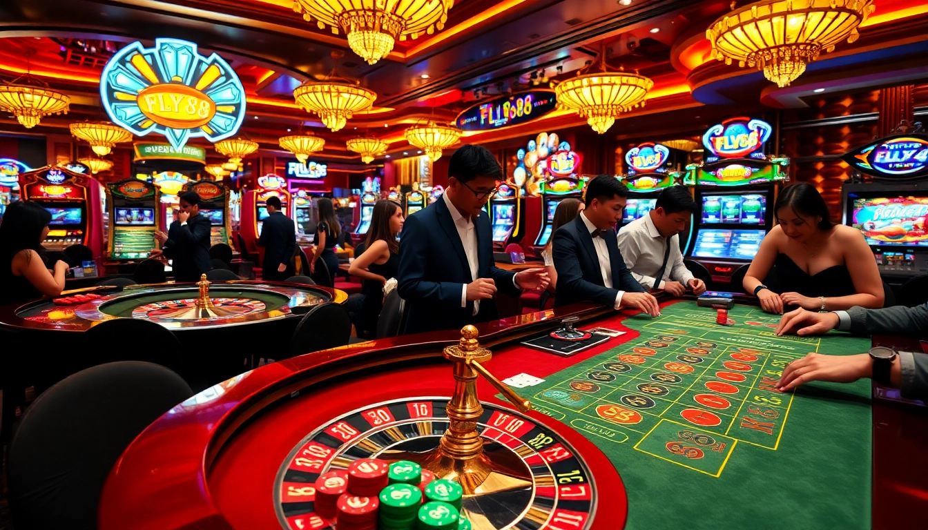 Players enjoying thrill and excitement at FLY88 casino tables with vibrant atmosphere.
