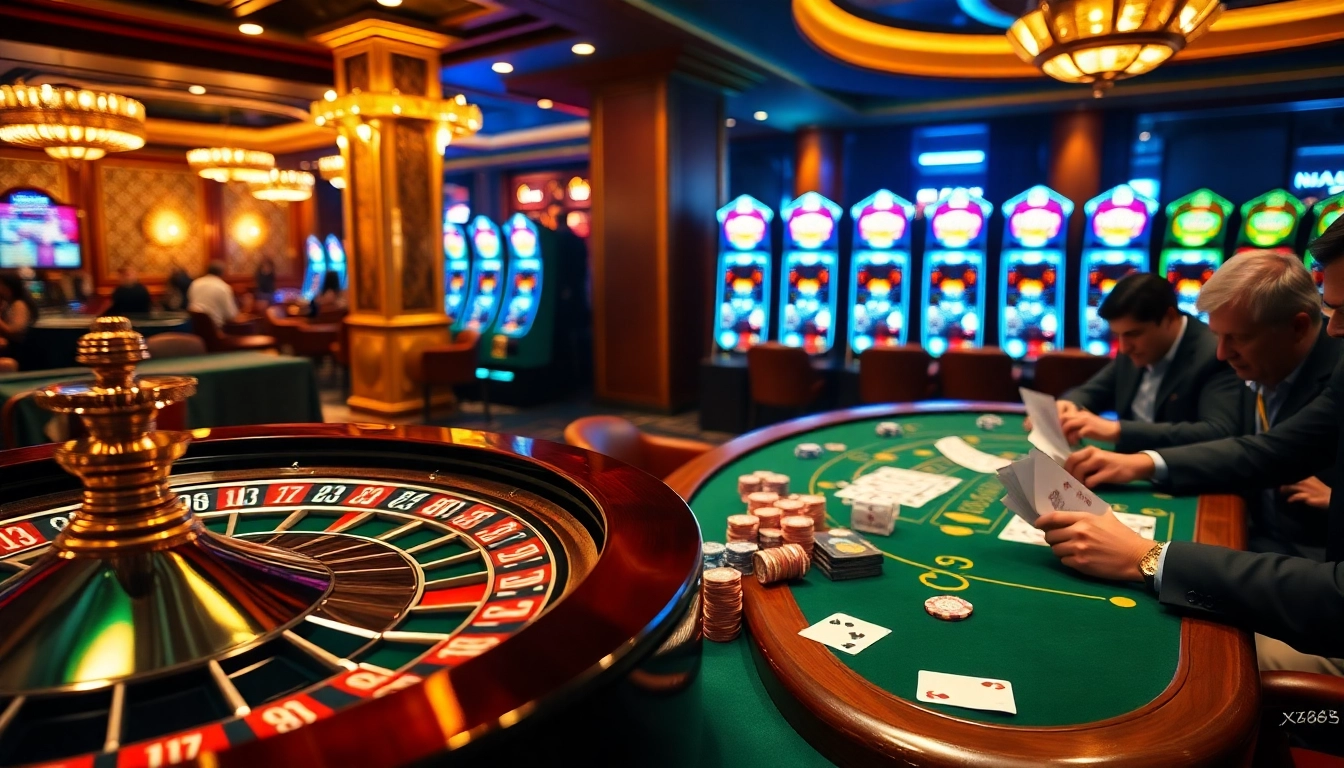 Engaged players enjoying poker and roulette in a luxurious casino ambiance featuring XX88 elements.