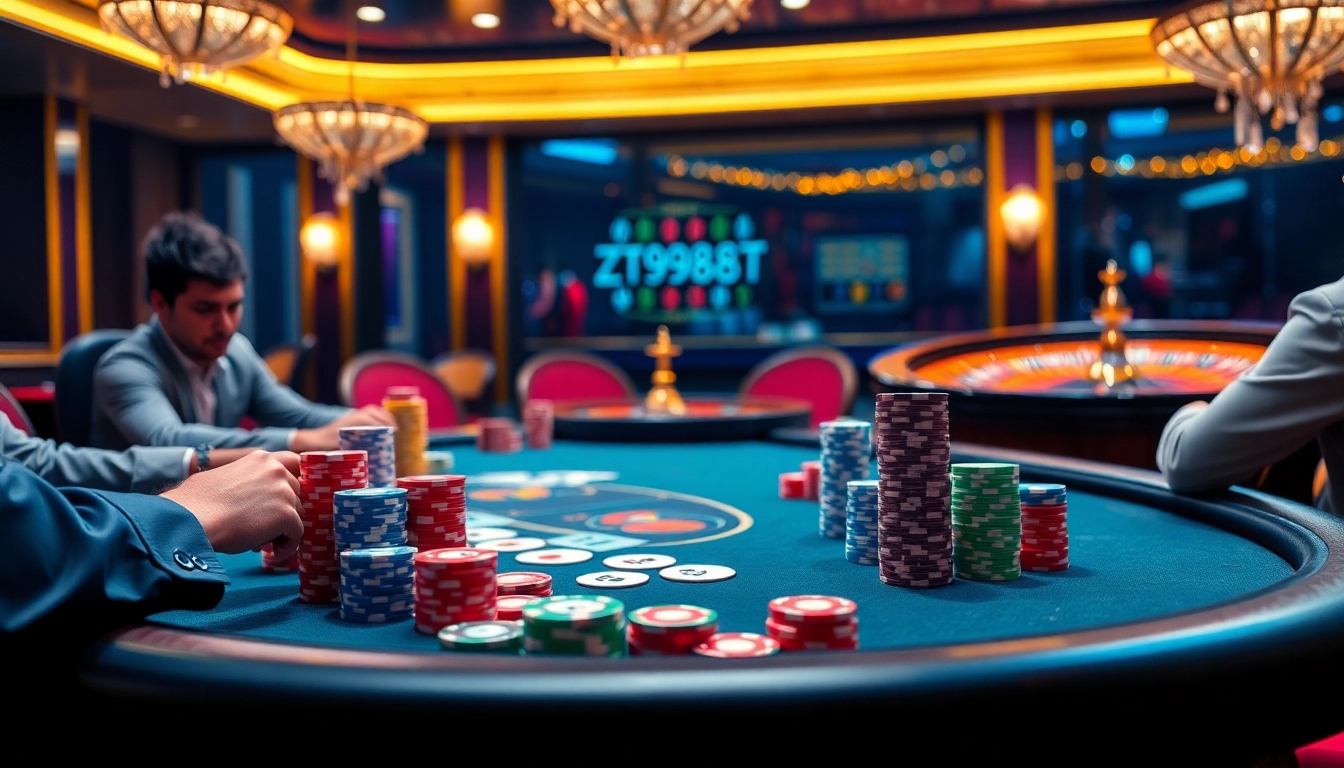 Exciting poker game at ZT9398.NET with vibrant chips and roulette wheel.