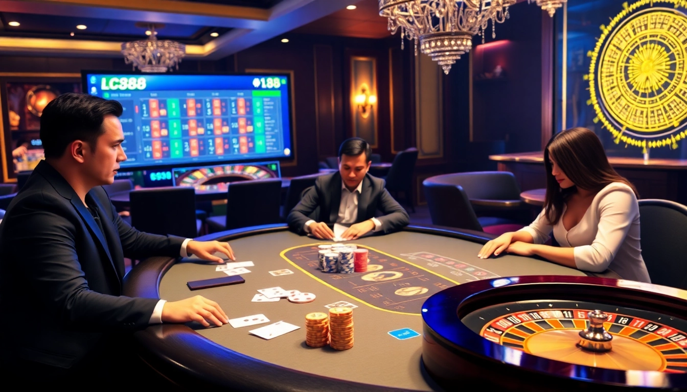 Engaging poker game at Nhà cái uy tín Lc88 showcasing excitement and professional players.