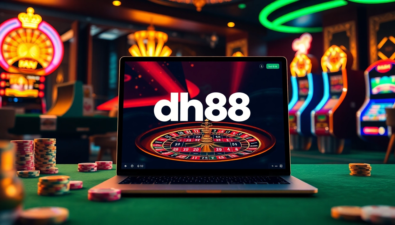 Gambling interface featuring dh88 platform with poker chips and roulette table for an exciting experience.
